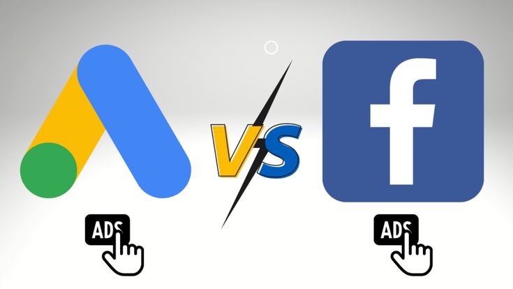 Illustration comparing Google Ads and Facebook Ads, with the Google Ads logo on the left, the Facebook logo on the right, and a "VS" symbol in the center, representing a comparison between the two digital advertising platforms.